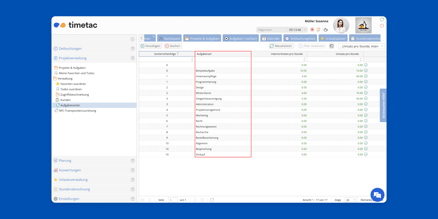 Kosten und Umsätze für Aufgabenarten in der TimeTac Projektzeiterfassung