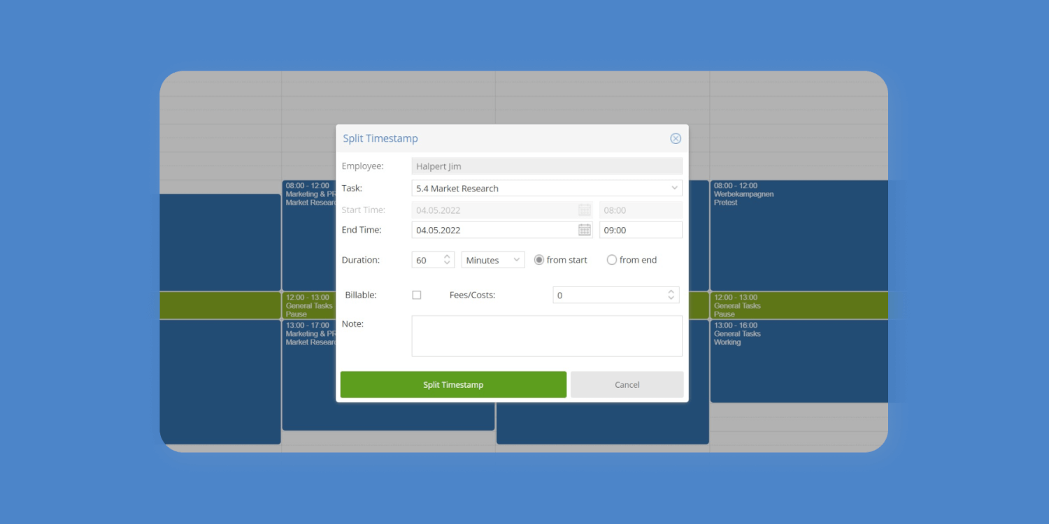 TimeTac working time tracking split timestamps in calendar TimeTac nsert Tmestamp