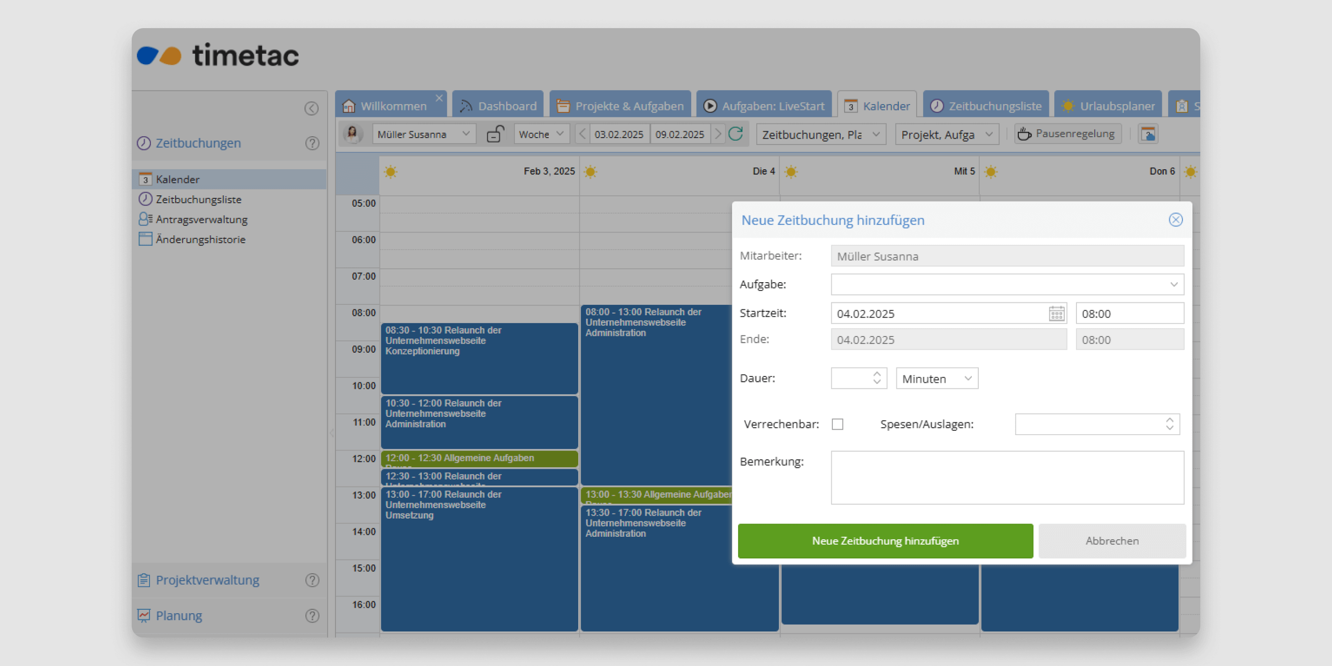 TimeTac Arbeitszeiterfassung Antrag auf eine neue Zeitbuchung stellen