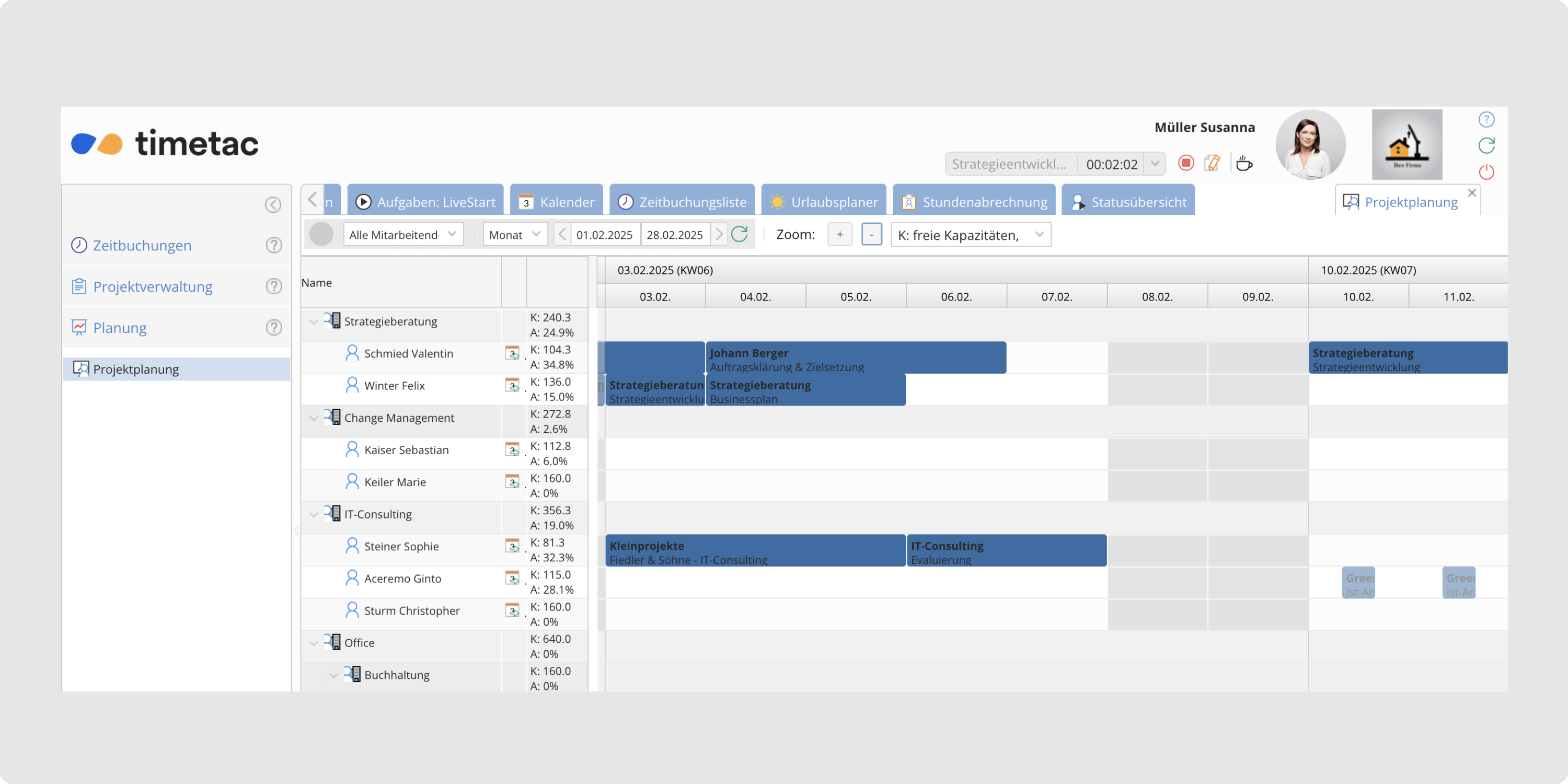 TimeTac Projektplanung Wochenansicht