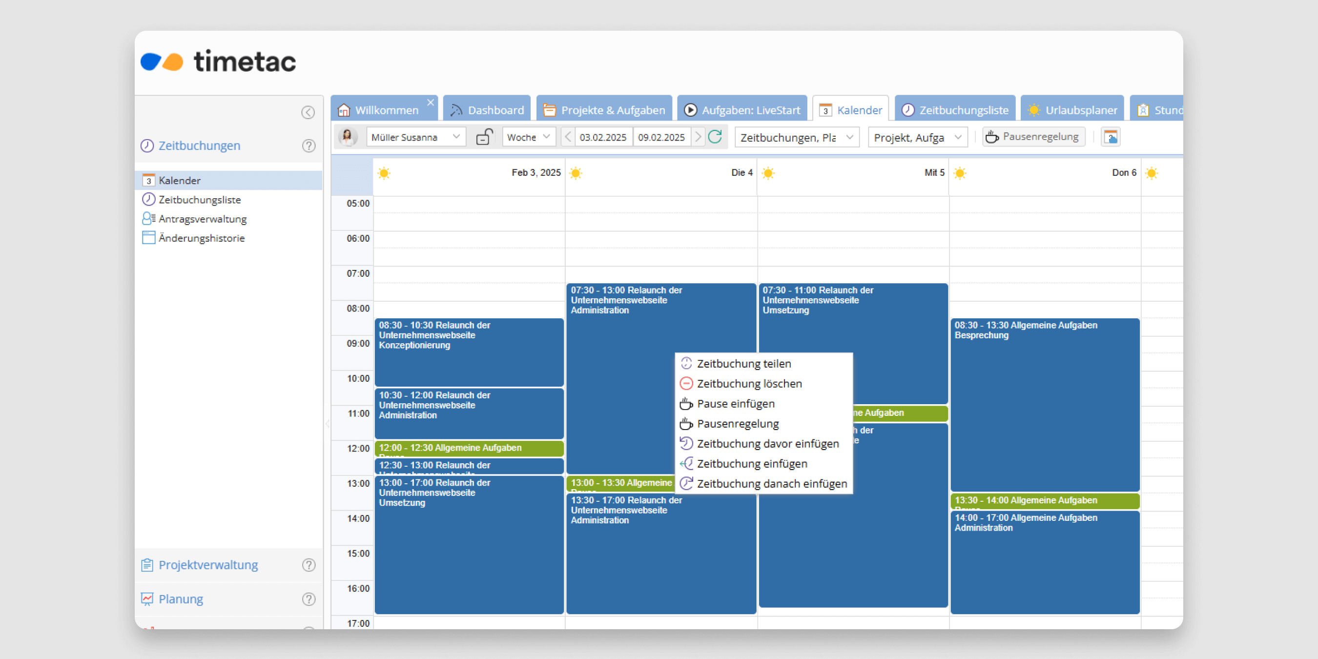 TimeTac Arbeitszeiterfassung Zeitbuchungen löschen in der Zeitbuchungsliste