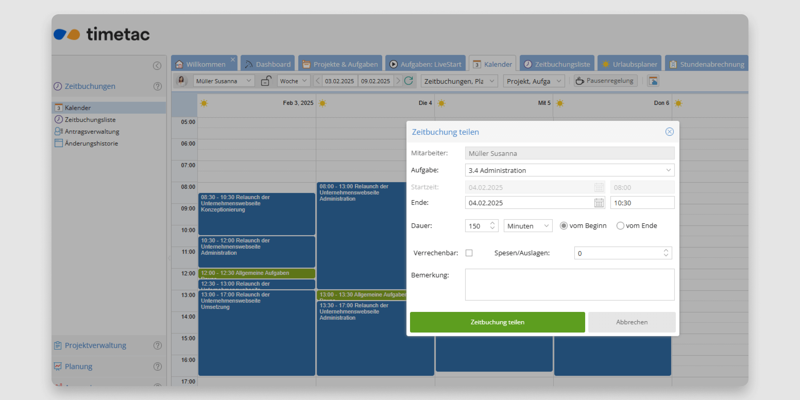 TimeTac Arbeitszeiterfassung Zeitbuchungen teilen im Kalender